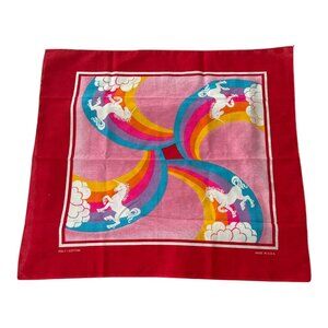 Vintage 1970s Rainbow Unicorn Bandana – Made in USA Poly Cotton Red Scarf